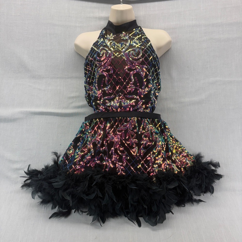 Tenth House Dance Costume Adult S Multicolor Sequin Feather Trim Halter Dress